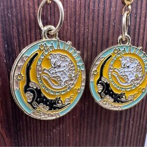 Gold-Tone Moon & Cat Enamel Drop Earrings - Yellow, Black, Turquoise
